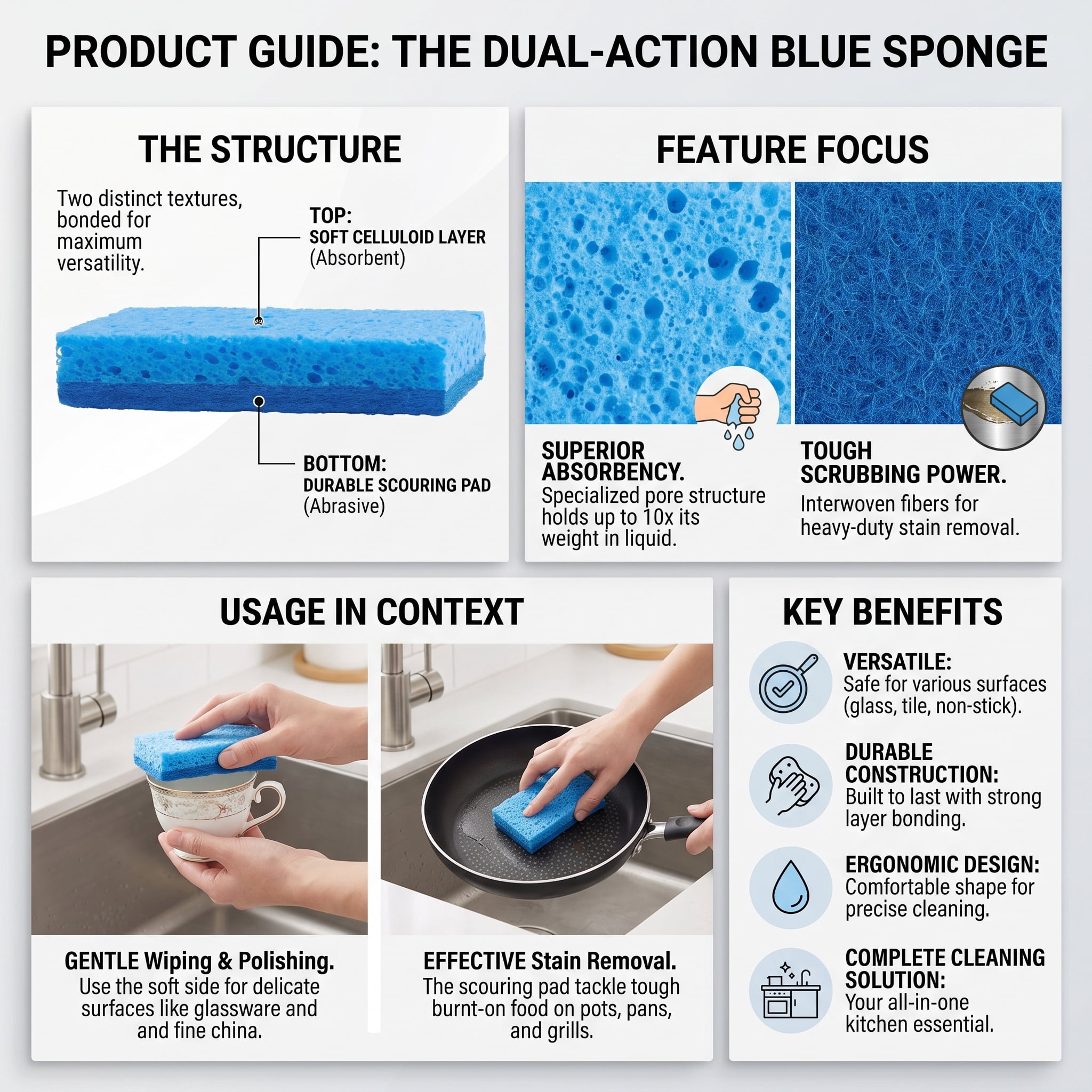 Wood Pulp Cotton Scouring Pads Double-Sided, Dual Layer Dishwashing Cleaning Sponge, Quick-Drying Odor Resistant Rich Foam Scrubber for Kitchen