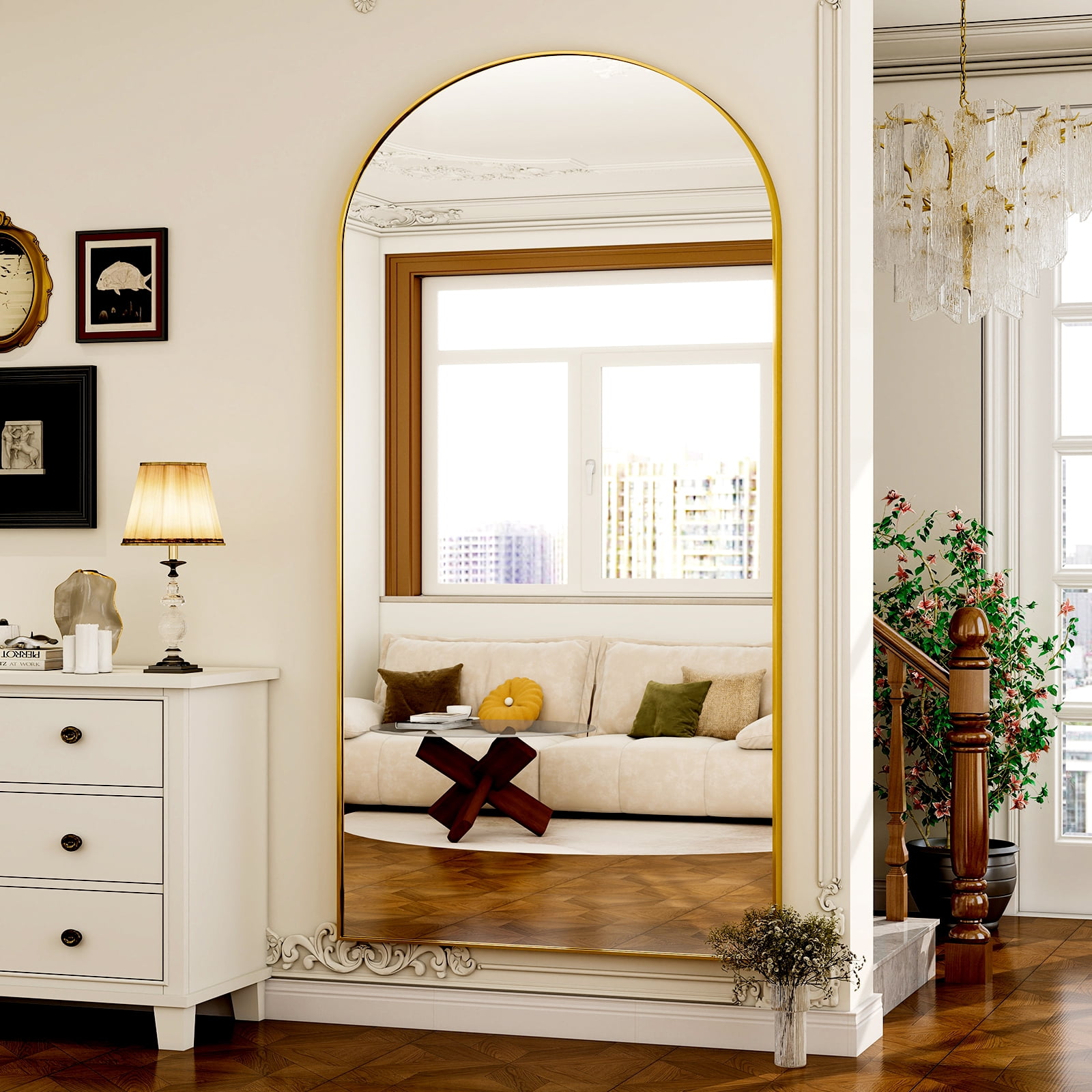 SHATTERVIEW 77"x38" Arched Floor Mirror Full Length Standing Body Dressing Mirror, Gold