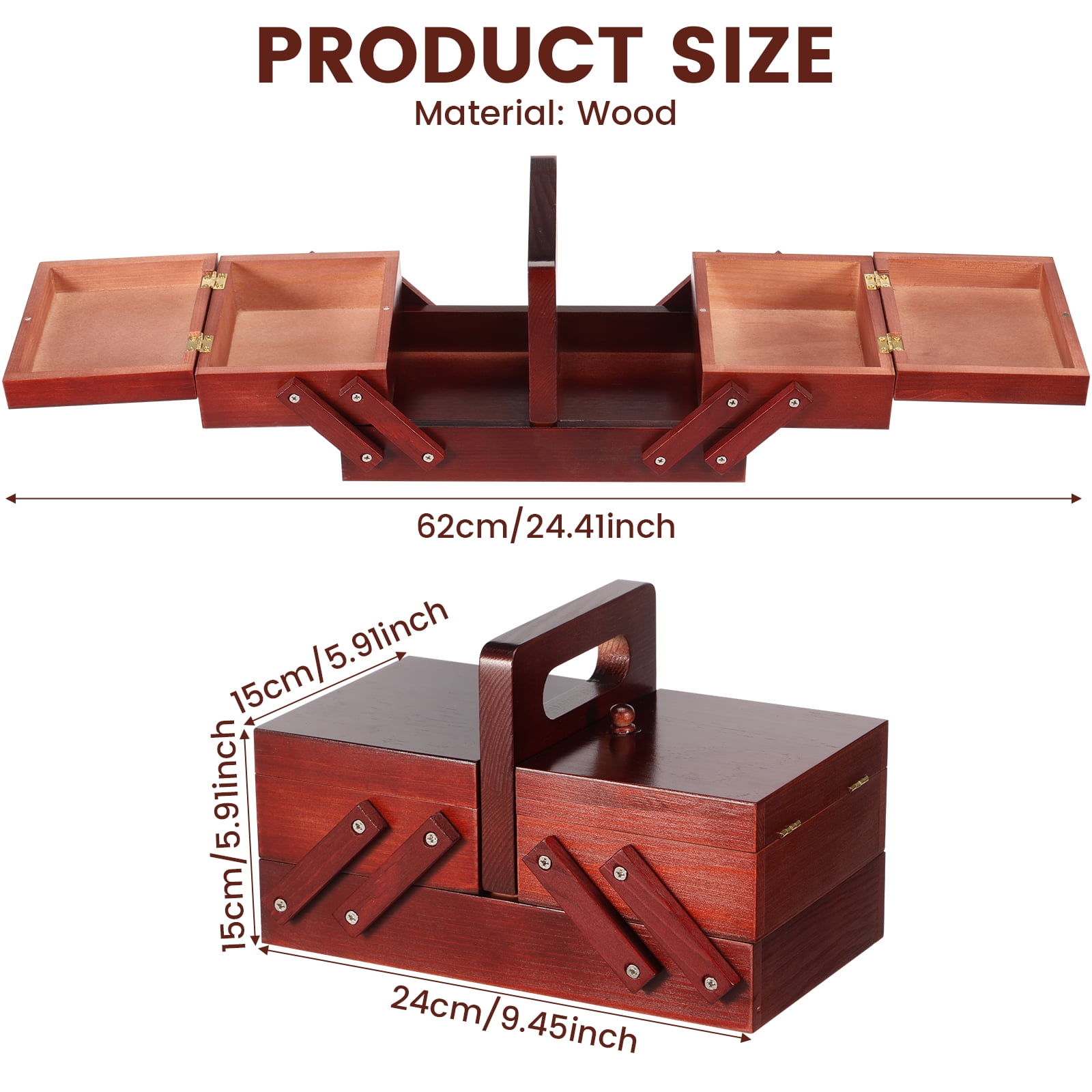 Threns Wood Sewing Basket with Handle Expandable Sewing Box Without Contents Multifunctional Craft Box for Home Travel and Emergency