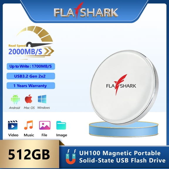 FLASHARK UH100 512GB Portable External SSD, 2000MB/s USB 3.2 Gen2x2 20Gbps, for Smartphones & Laptops, 4K Recording, Aluminum Alloy Shell