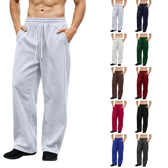 Hzzrkos Men Casual Loose Solid Color Elastic Waist Long Straight Leg Pants With Side Pockets for Daily Wear