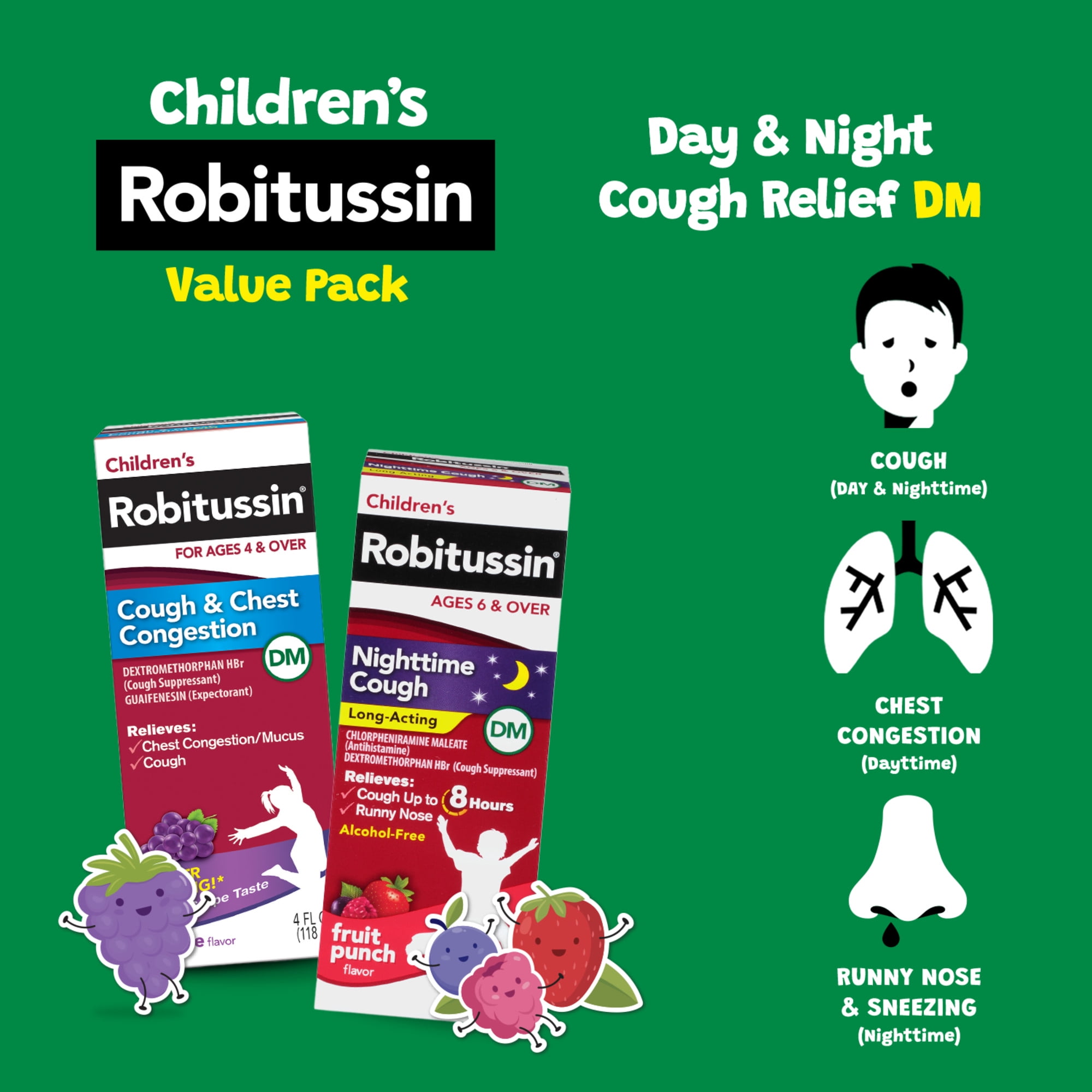 Children's Robitussin Kids Cough and Cold Medicine for Day and Night Relief Syrup, 4 fl oz, 2 pack