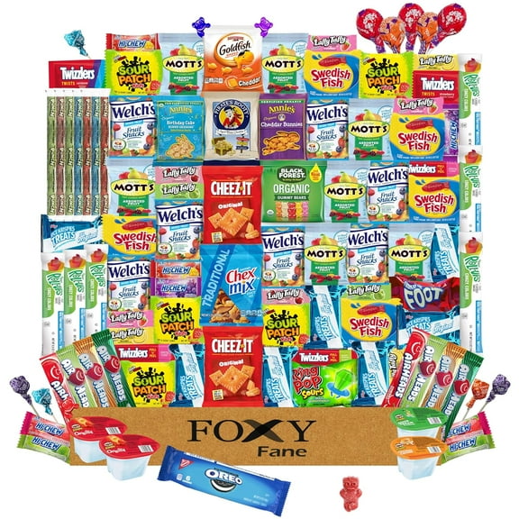 Foxy Fane 100 Count Snack Box - Gift Basket with Variety Assortment of Crackers, Cookies, Candy