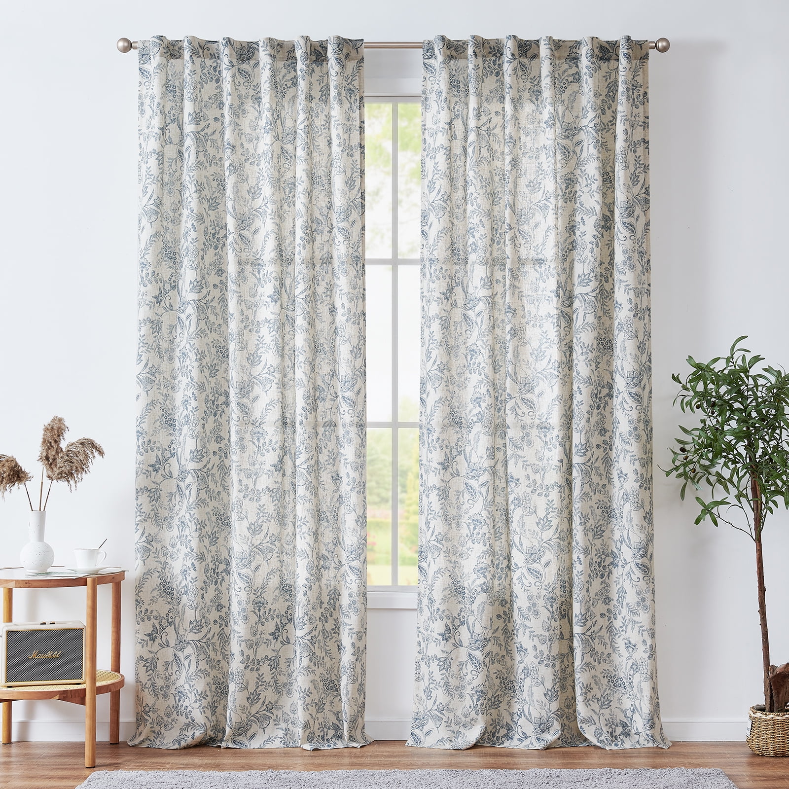 Curtainking Rustic Look Farmhouse Blue Floral Print Home Back Tab Light Filtering Curtains, 50" x 84" (2 Panels)