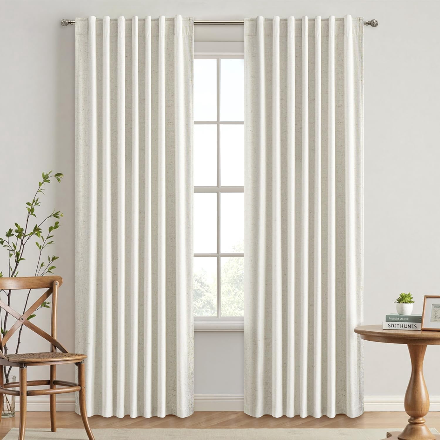 Cream Beige Linen Blackout Curtains 84 inch Long 2 Panels Set for Bedroom Back Tab Thermal Insulated 100% Black Out Drapes Pinch Pleated Hooks Room Darkening Window Curtain for Living Room