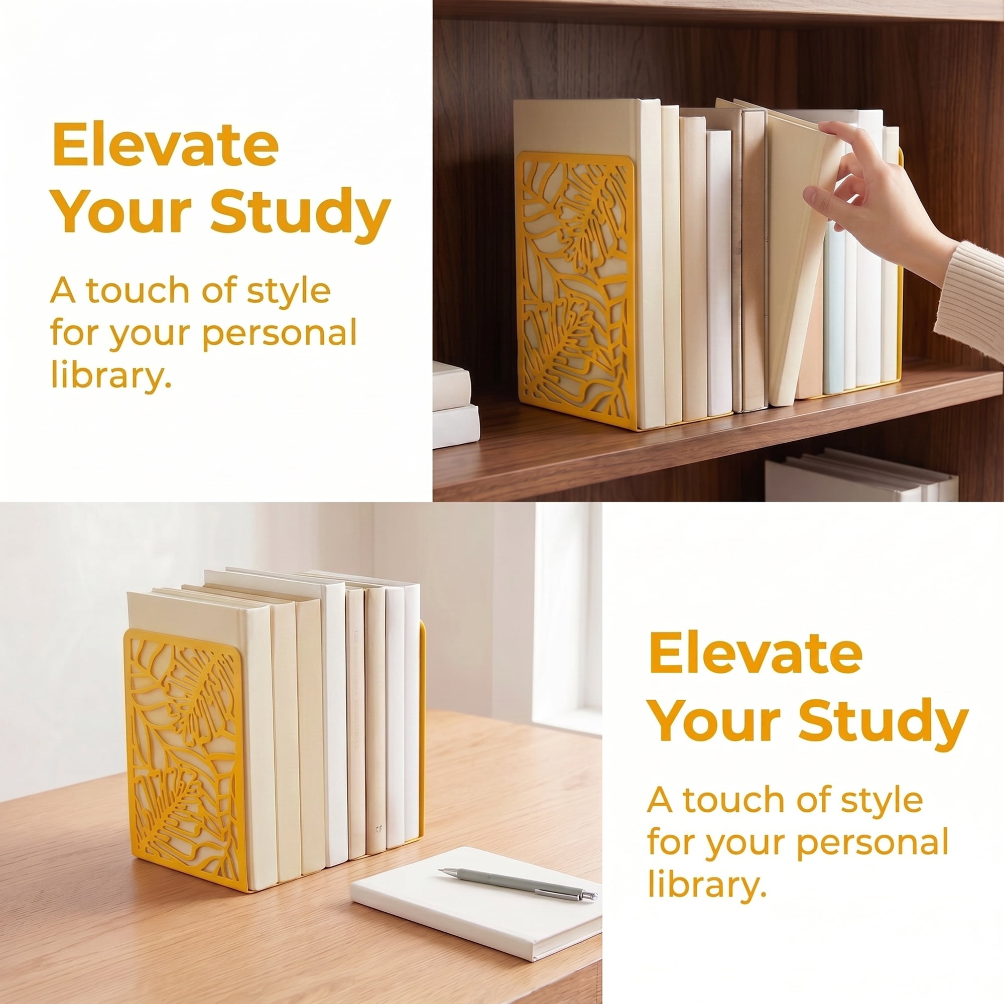 Unique Bargains Decorative Metal Large Non-Skid Book Ends for Shelves Gold 4.7"x3.2"x7.3"
