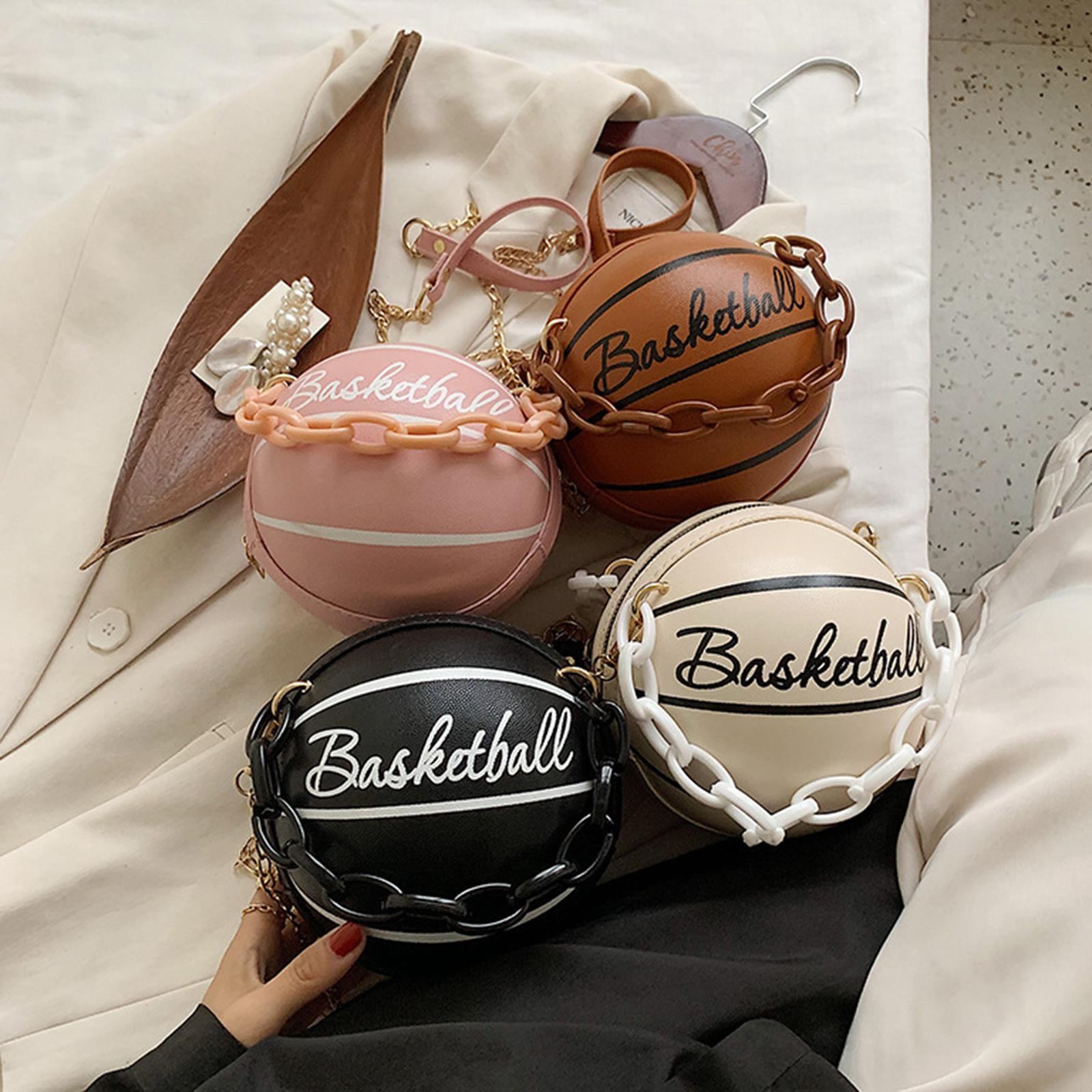Fashion Basketball Shaped Handbags PU Leather Chain Tote Round Graphic travel Pink