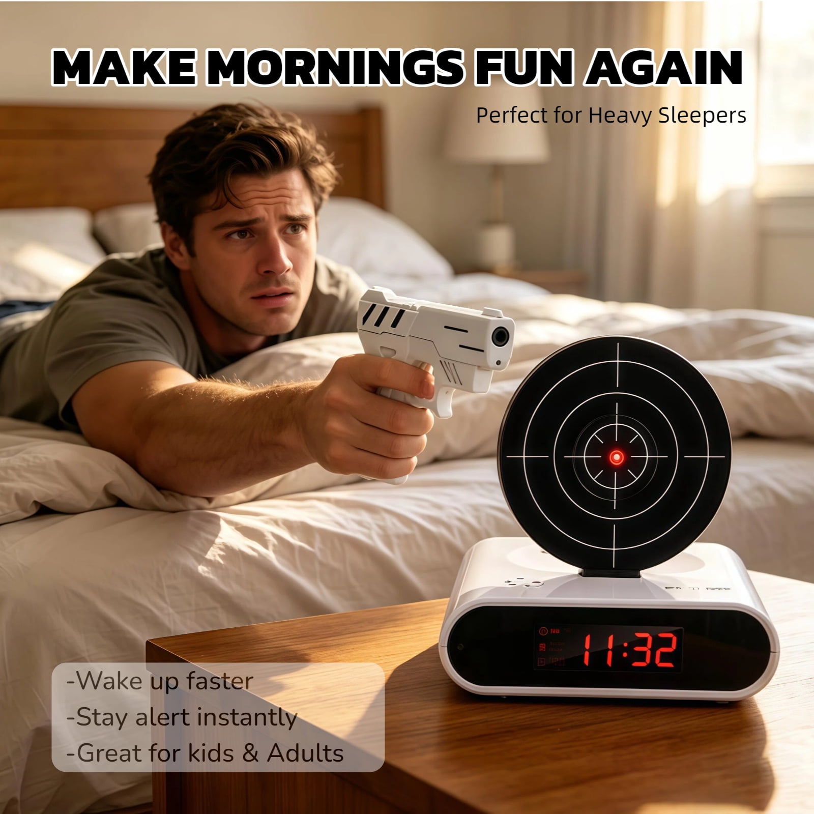 Gun and Target Alarm Clock with Large LED Display Laser Gun Shooting Alarm Clock for Bedroom Unique Alarm Clock
