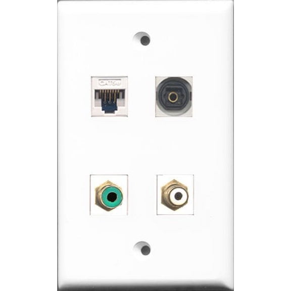 RiteAV 1 Port RCA White and 1 Port RCA Green and 1 Port Toslink and 1 Port Cat5e Ethernet White Wall Plate