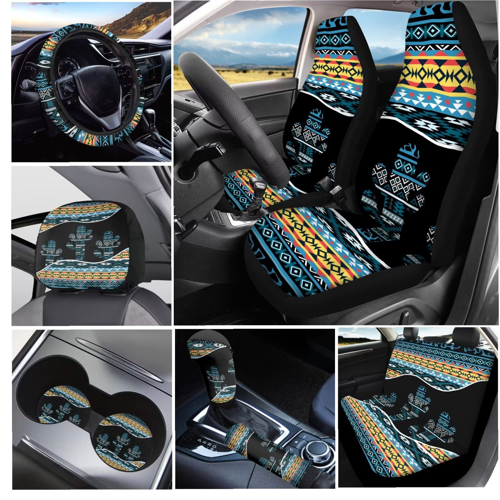 Garronmavis Aztec Cactus Pattern Universal Polyester Car Seat Covers Full Set Steering Wheel Cover Gear Shift Cover Handbrake Cover Headrest Cover Cup Coasters for Accessories Interior Sets
