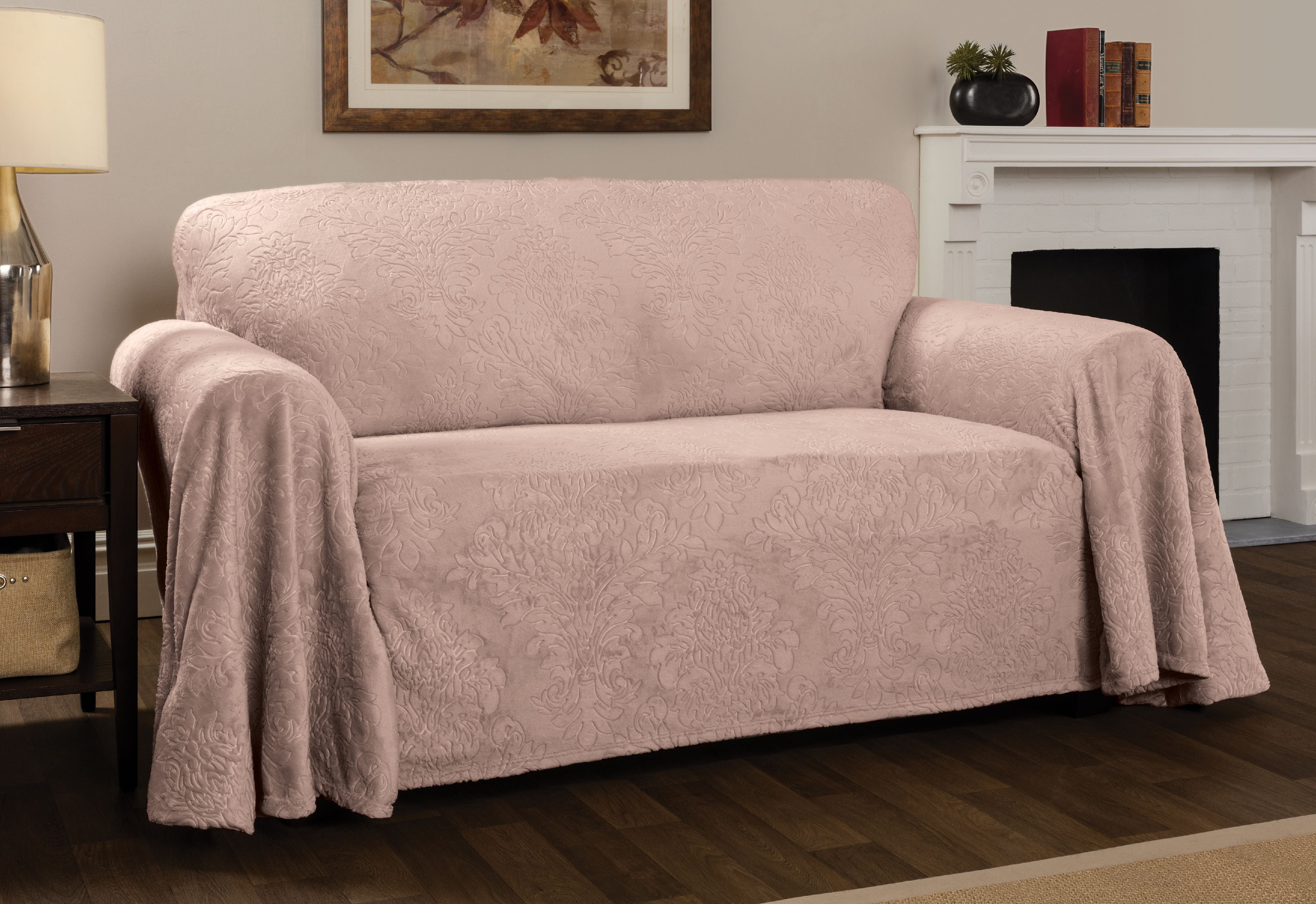 Innovative Textile Solutions 1-Piece Plush Damask Throw Loveseat Slipcover, Blush