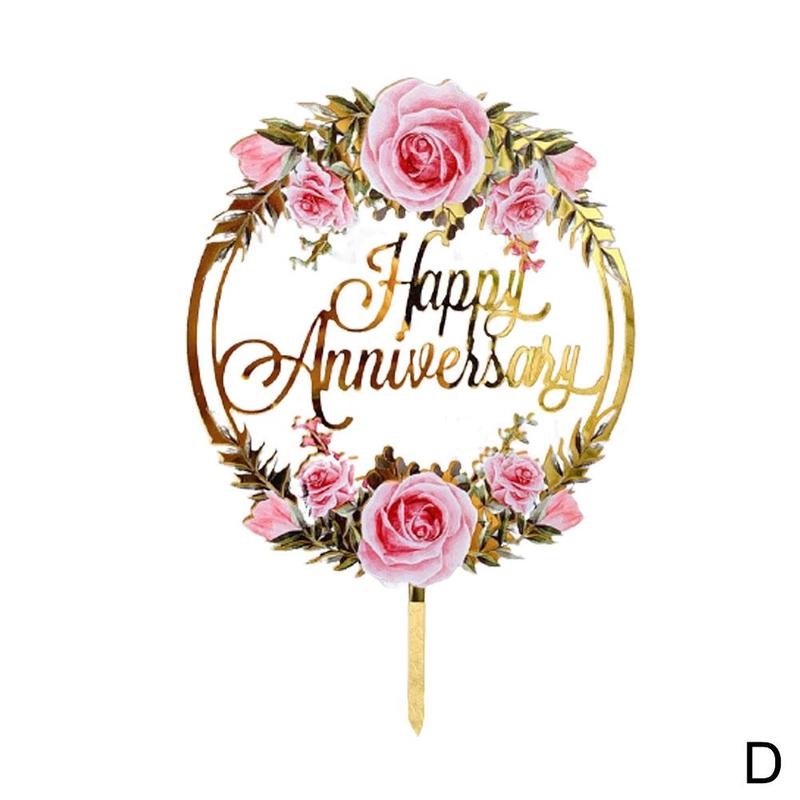 Gold Flower Anniversary Happy Birthday Cake Topper Acrylic Wedding