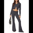 thumbnail image 1 of Conjunto de Dos Piezas de Punto para Mujer: Suéter de Larga con Cremallera, Sudadera Corta con Capucha y Pantalón Acampanado. Gris Oscuro M, 1 of 7