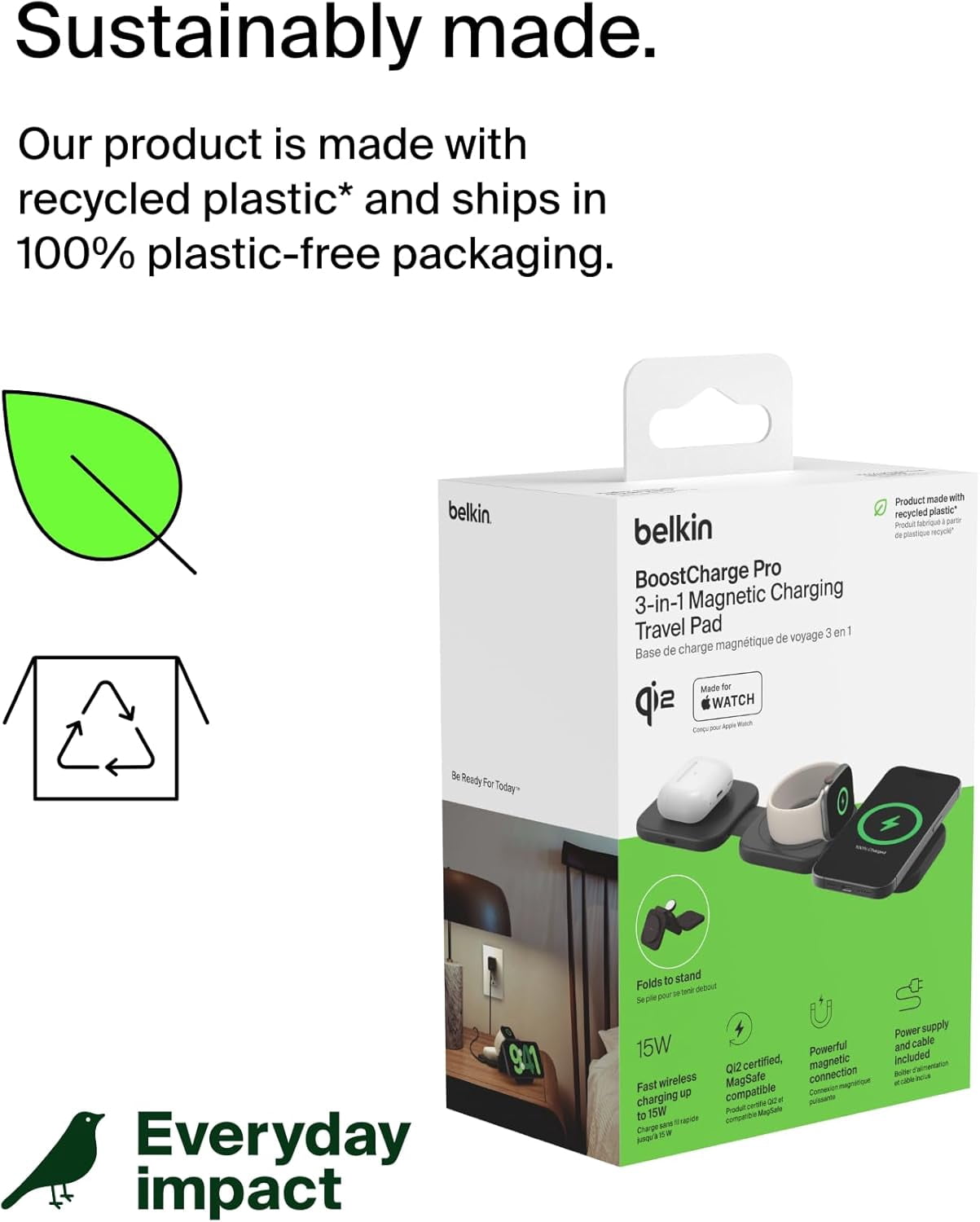 Belkin MagSafe Charger Compatible 3-in-1 Magnetic Charging Travel Pad 15W-BoostCharge Pro Foldable Qi2-Certified Wireless Charger, MagSafe-Compatible Charger for iPhone, Apple Watch, AirPods