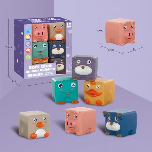 Cross-border Infant Educational Assembled Toys Cognitive Soft Rubber Embossed Animal Building Blocks Early Education Pinch Call Bath Toys