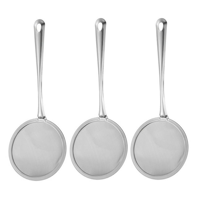 Fine Mesh Strainer Set Stainless Steel Metal Flat Cooking Skimmer Ladle Colander With Handle Food Strainer Kitchen Tools For Kitchen Baking Oil Filter Flour Sifter Foam