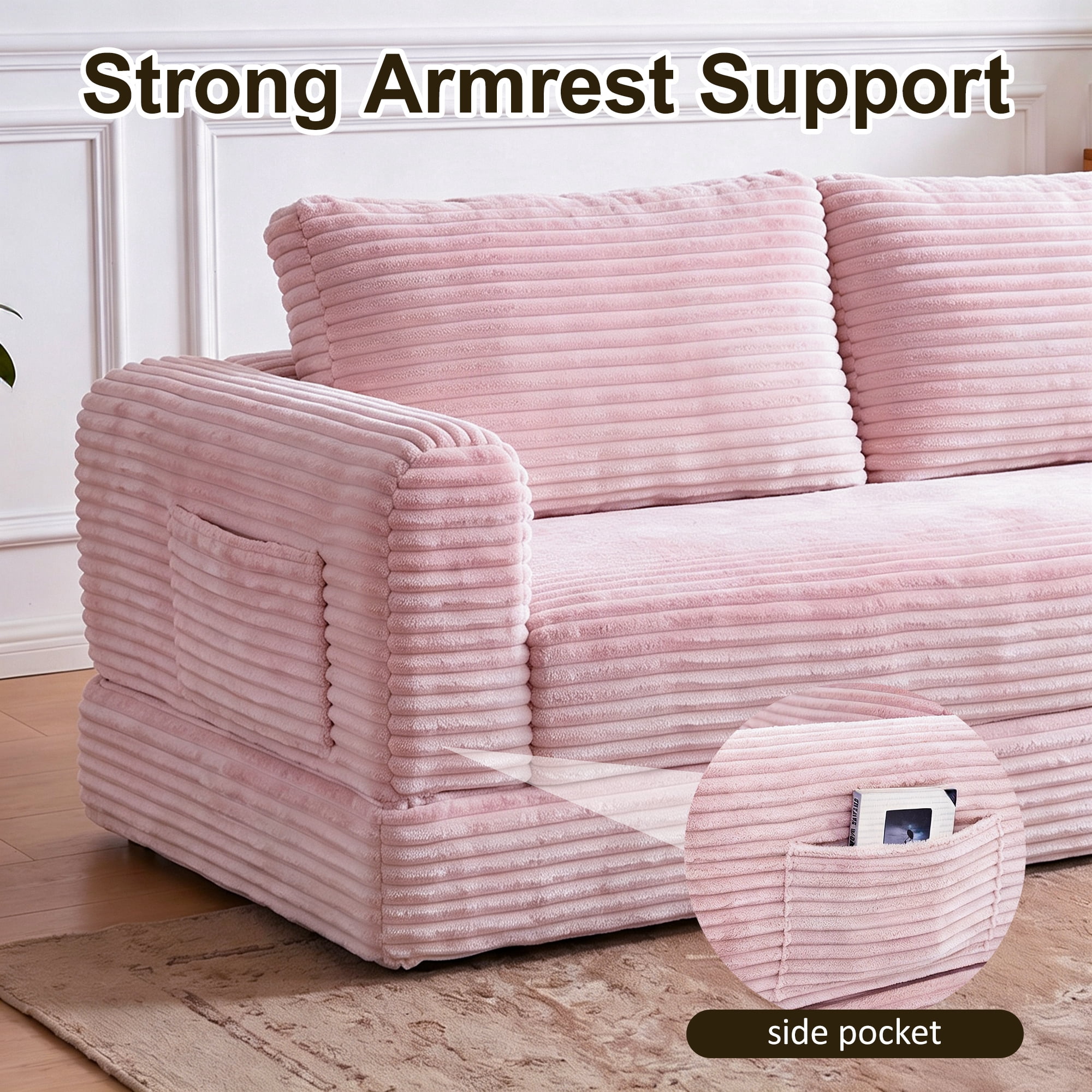 55" Convertible Futon Sofa Bed,Folding Boneless Couch with Sleeper Sofa,Fold Out Floor Sofa with Deep Seat,Cloud Corduroy Foldable Mattress Couch for Living Room,Pink