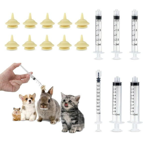 Monebena Kitten Feeding Nipples and Nursing Syringe, 10 Pcs Natural Rubber Nipples with 6 Pcs O-Ring Syringe (1 3 10cc), Reusable Newborn Pet Supplies Suitable for Kittens Puppies Bunnies Squirrels