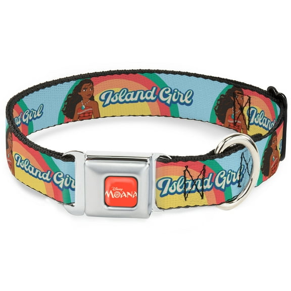 Disney Pet Collar, Dog Collar Metal Seatbelt Buckle, Moana Island Girl Rainbow Pose Blue Multi Color, 9.5 to 13 Inches 1.0 Inch Wide