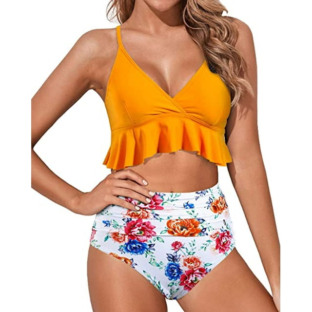 Women Two Piece Swimsuits High Waisted Ruffle Flounce Bikini V Neck Tummy Control Bathing Suit Yellow Floral (XL
