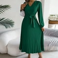 thumbnail image 5 of SMihono Fashion Classic Pleated Dresses Womens High Waist Shirt Dress with Belt Long Sleeve Button Up V-Neck Fashion Flowy Midi Dress Spring A-Line Long Dresses Green 4, 5 of 7