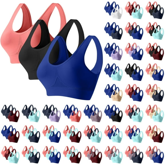 BiZtdJrK Sports Bras for Women Plus Size Breathable Wireless Bralettes Gym Workout Stretchy Push Up Underwear Bra 3 Pack, Wine, M