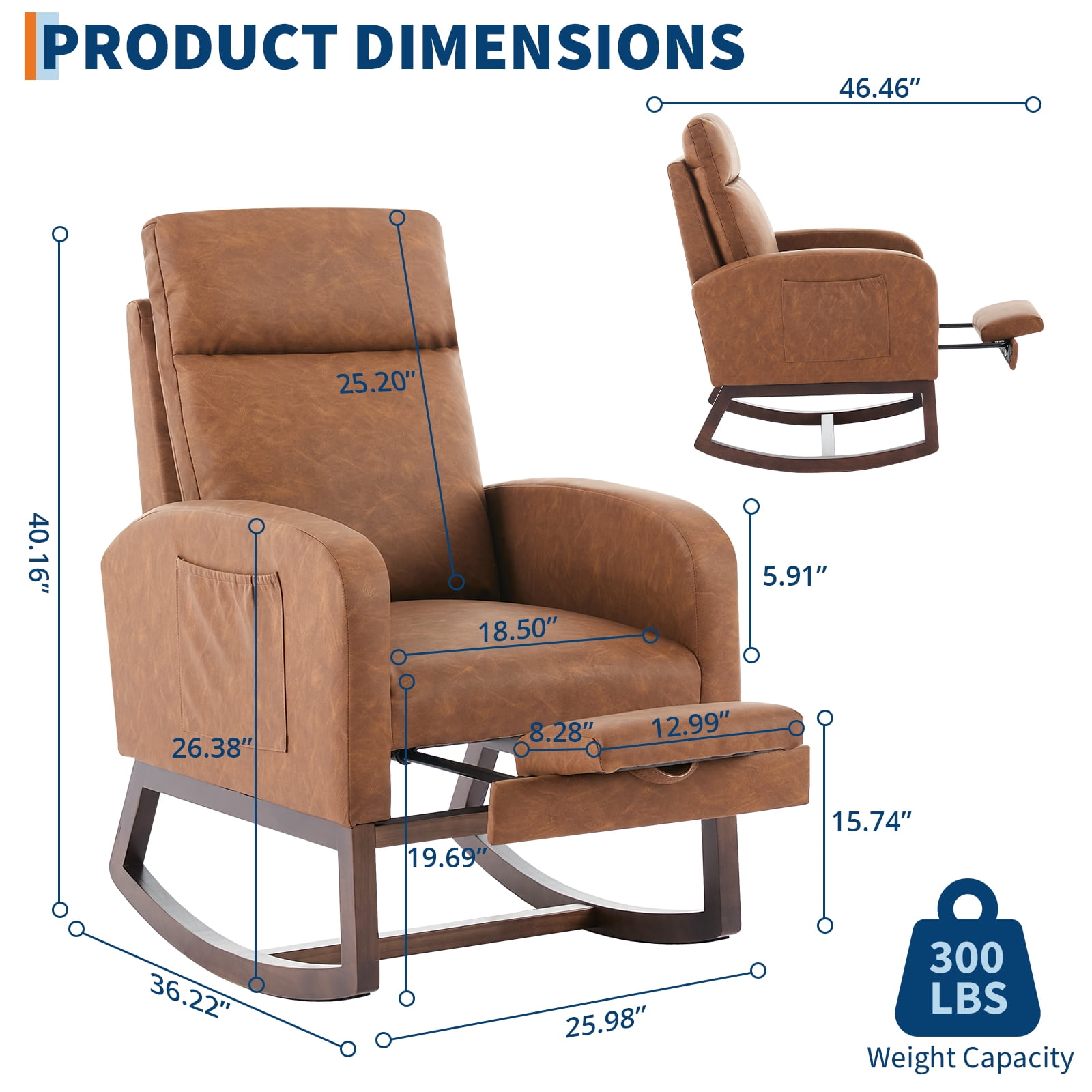 Rocking Chair Nursery with Foot Rest, Modern Rocker Accent Armchair with High Backrest, Padded Seat, Side Pocket, for LivingRoom, Bedroom, Baby Room
