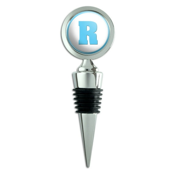 Letter R Initial Baby Boy Block Font Blue Shower Wine Bottle Stopper