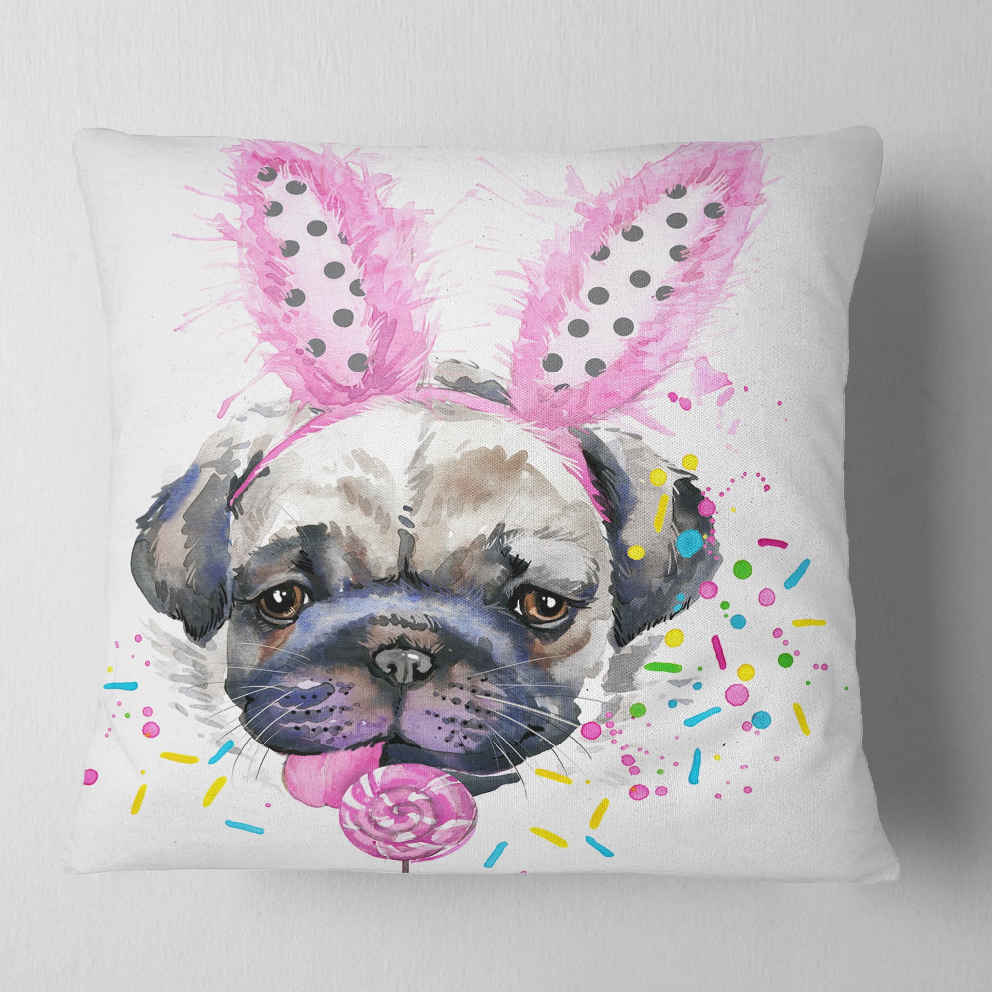 Designart Cute Dog with Pink Feather Hat - Contemporary Animal Throw Pillow - 16x16