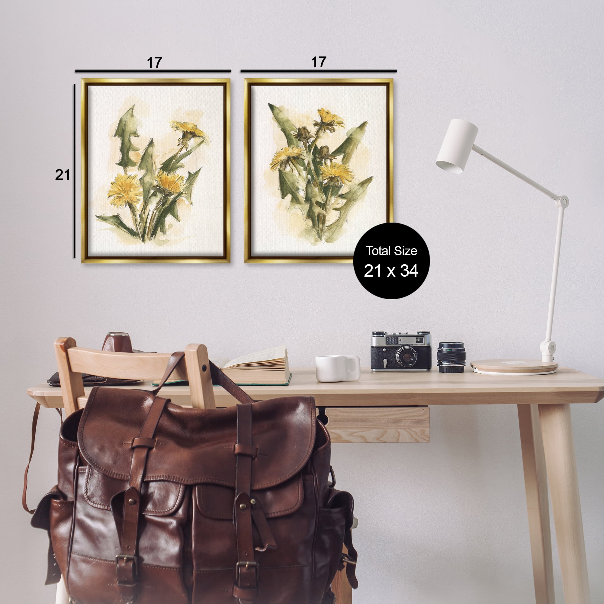 Stupell Industries Dandelion Watercolor Sketch Plants & Flowers Painting Gold Floater Framed Canvas Art Print Wall Art, 17 x 21, Set of 2