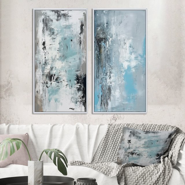 Designart "Tranquil Subtlety In Abstract Blue IV" Abstract Painting Framed Wall Art Set Of 2 - Modern Blue Framed Canvas Set For Living Room Decor