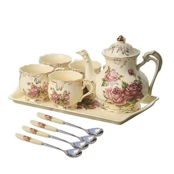 Porcelain Tea Set Vintage Rose, Tea Cups With Teapot, Serving Tray And Teaspoon Service For 4, Suitable For Tea Party Gifts