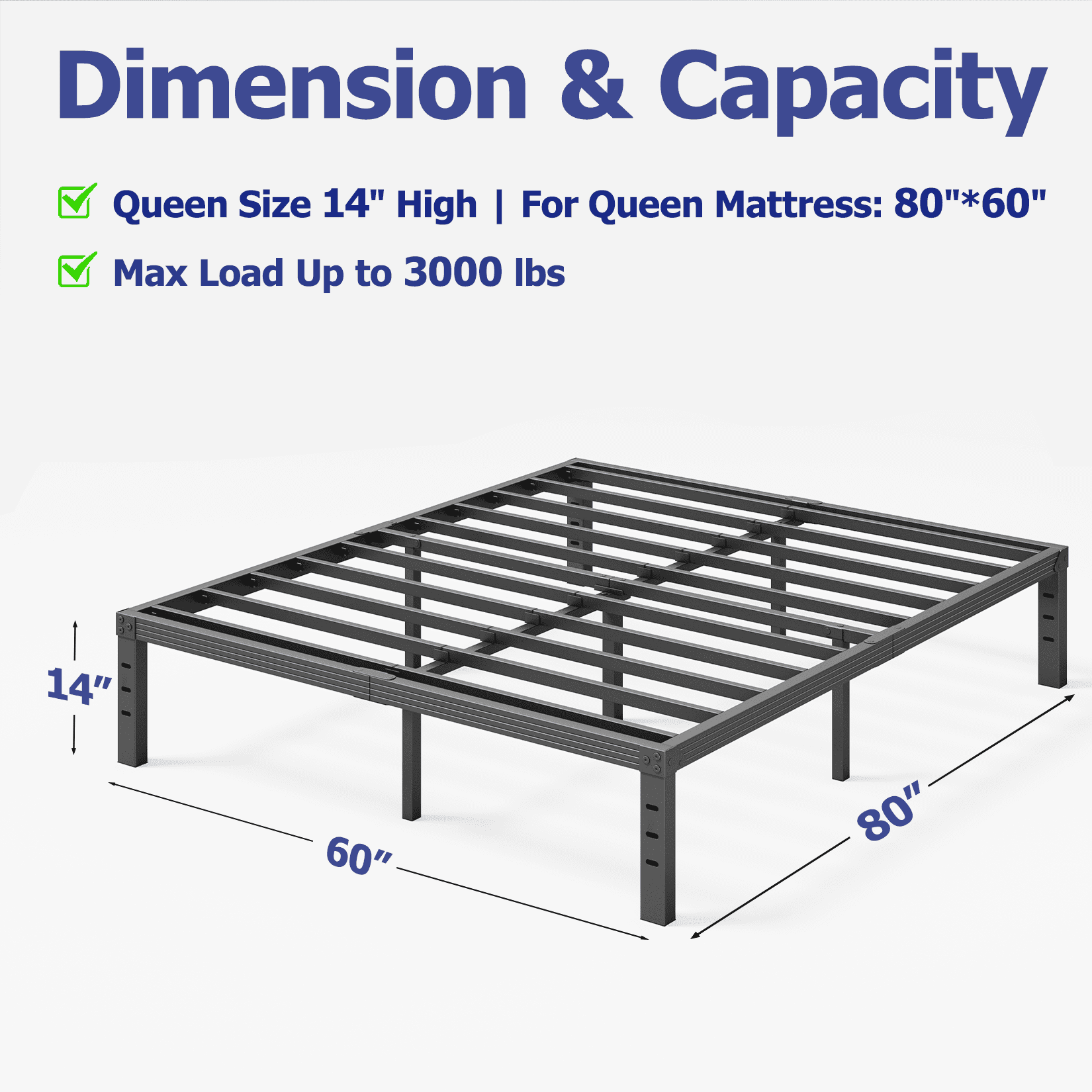 COMASACH 14 inch Queen Bed Frame, Easy Assembly, No Box Spring Needed, Heavy Duty Metal Platform Queen Size, Noise Free, Black