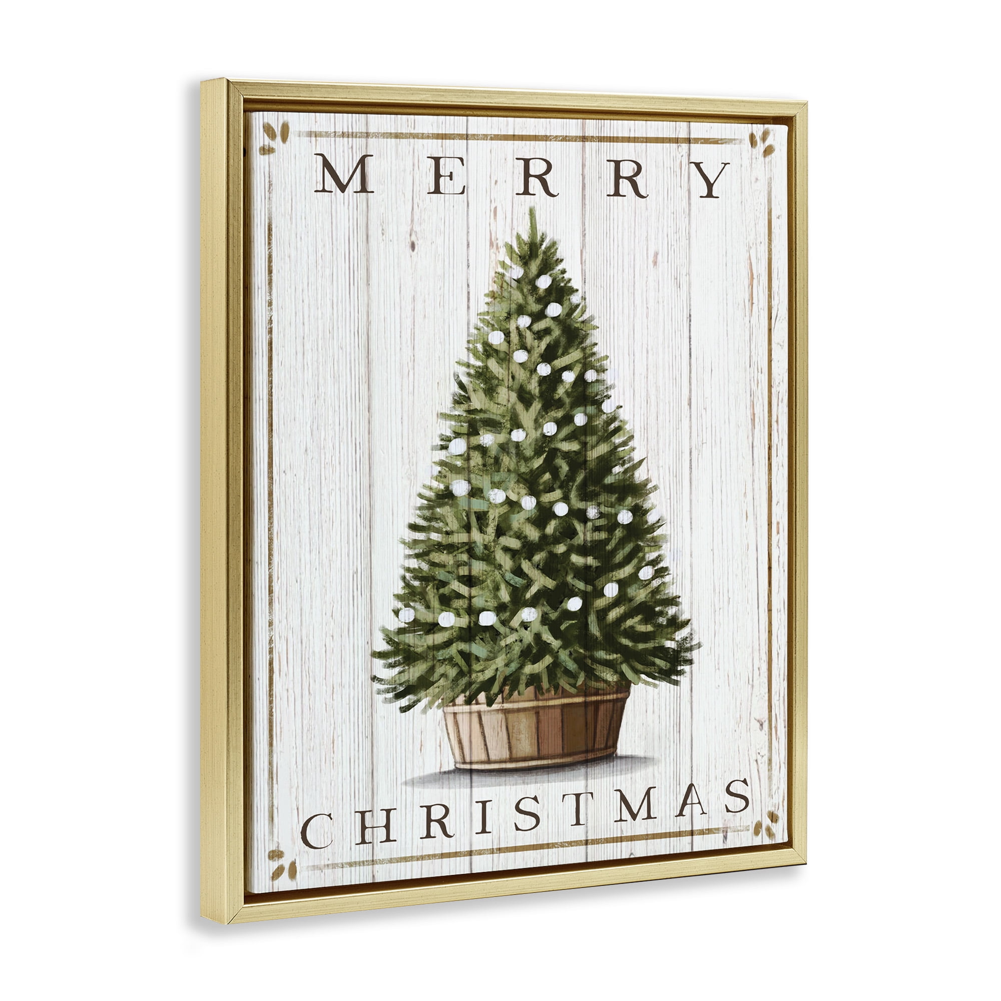 Stupell Industries Merry Christmas Country Tree Holiday Painting Gold Floater Framed Canvas Art Print Wall Art, 17 x 21