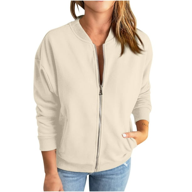 Chaquetas y abrigos casuales sin capucha de manga larga para mujer, chaqueta holgada informal a la moda con bolsillos de color y cremallera, abrigo de manga larga para mujer