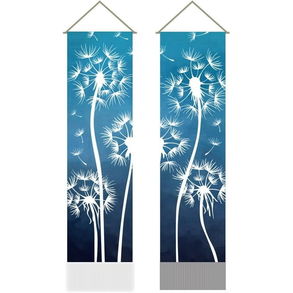 2Pcs Dandelion Wall Tapestry Wish Flower Long Vertical Tapestry Wall Hanging Blue White Taraxacum Tassel Wall Tapestry Mystic Aesthetic Tapestry (45.7x13 Inch)