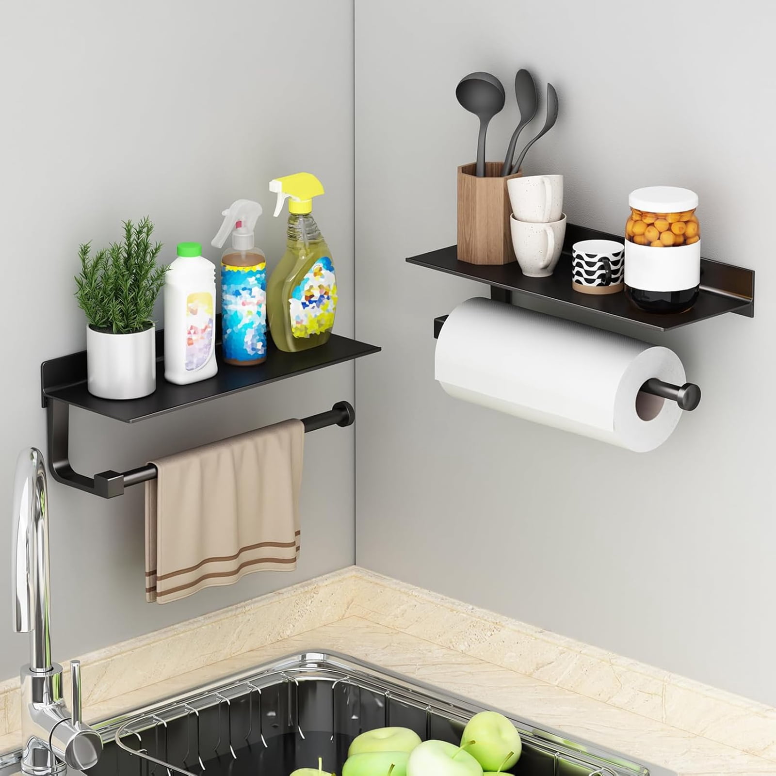 Paper Towel Holder,Paper Towel Holder Wall Mount,Under Cabinet Paper Towel Holder Suitable For Bathrooms/Kitchens, Condiments, Paper Towels, Paper Towel Holder With Shelf
