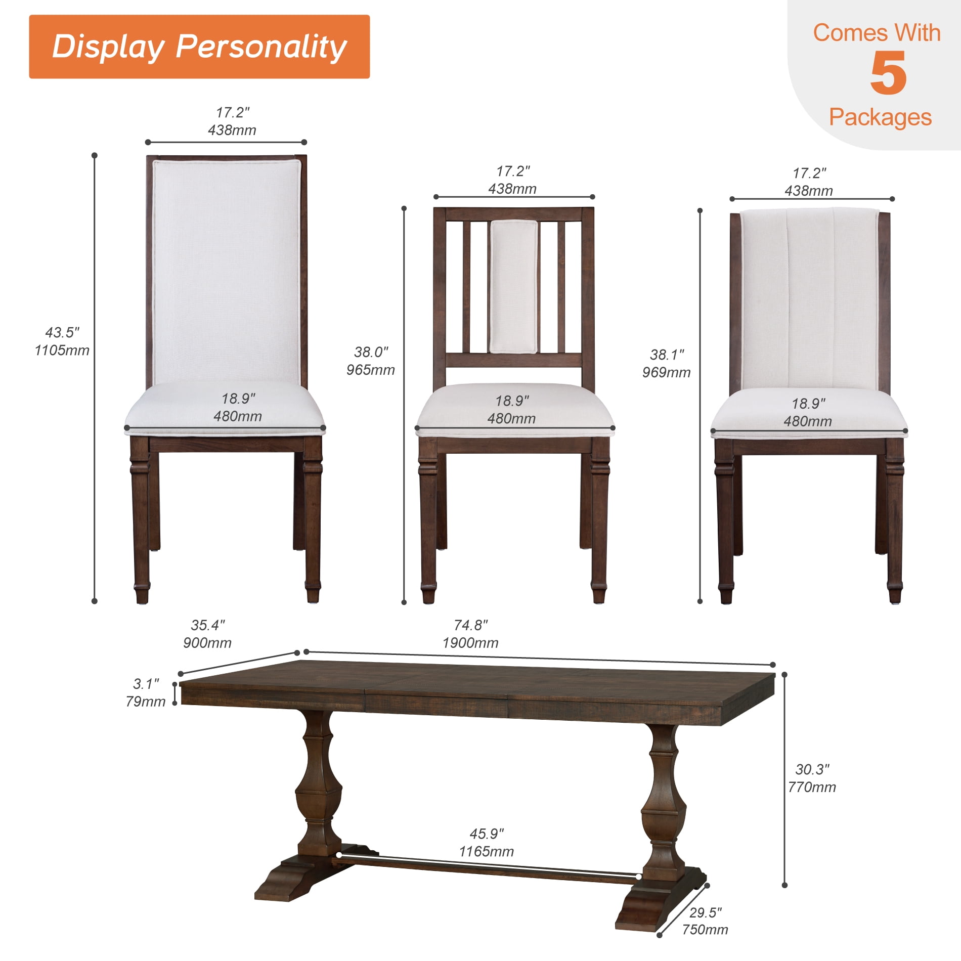 WAMPAT 7-pieces Farmhouse Dining Table Set,74.8" Kitchen Table with Chairs for 6-8,Solid Wood Legs and Upholstered Back for Dining Room & Living Room,Espresso Brown