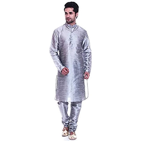 Royal Kurta Men's Luxury Art Silk Blend Occasional Kurta Churidar Set Grey