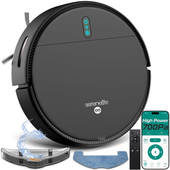 Smart Robot Vacuum and Mop Combo, App Control, 3 Cleaning Modes, Anti-Fall Sensors, Multi-Surface Cleaning, Self-Charging, 700Pa Suction Ideal for Pet Hair, Soft and Hard Floors, Black