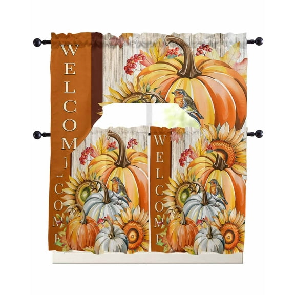 Burnt Orange Pumpkins Fall Kitchen Curtains Sets 24 Inch Length with Valance, Thanksgiving Botanical Wooden Retro Swag Valances and Tiers Curtain Set Drapes Swag Curtains for Living Room, Bathroom