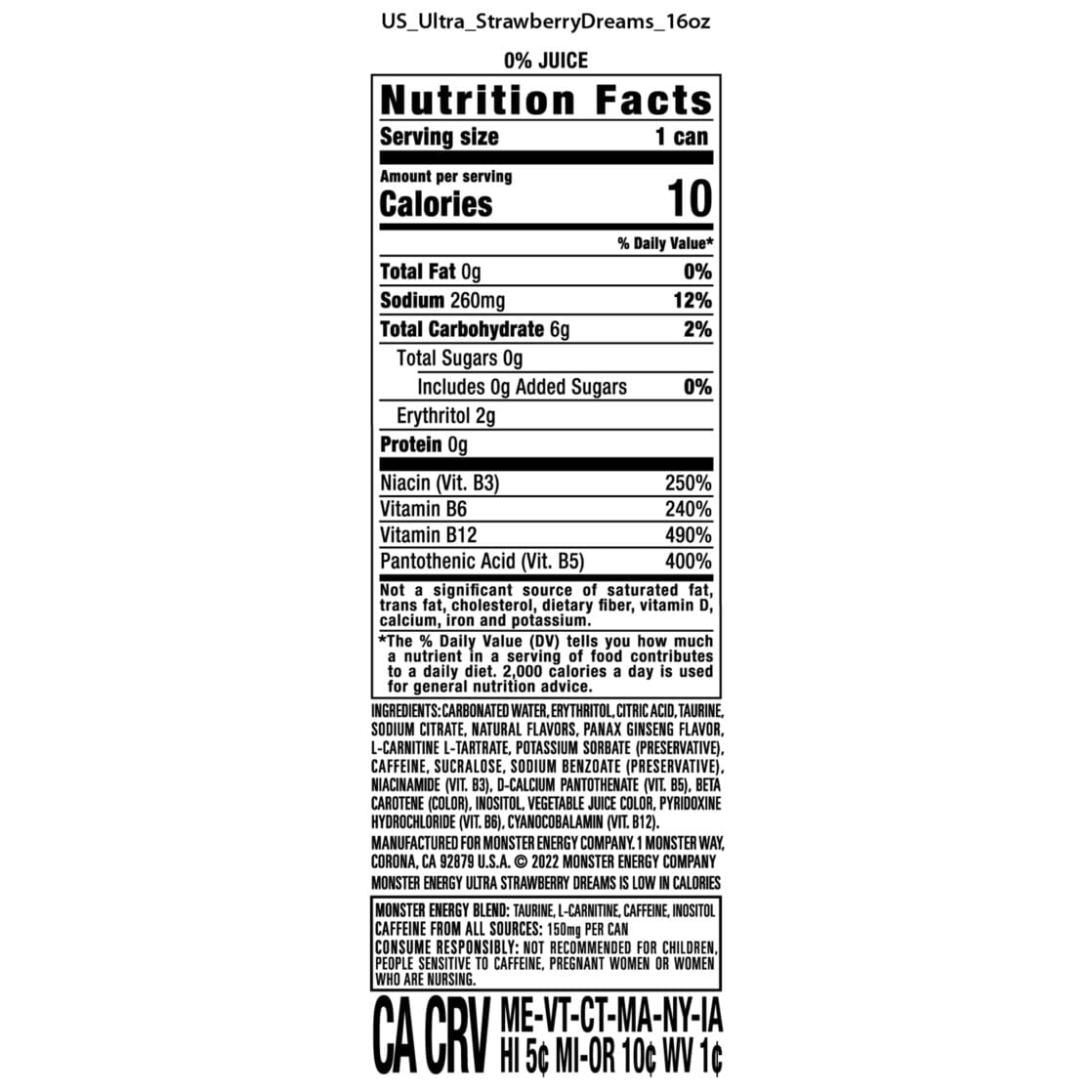 Monster Energy Ultra Strawberry Dreams, Sugar Free Energy Drink, 16 fl oz Cans, Pack of 12