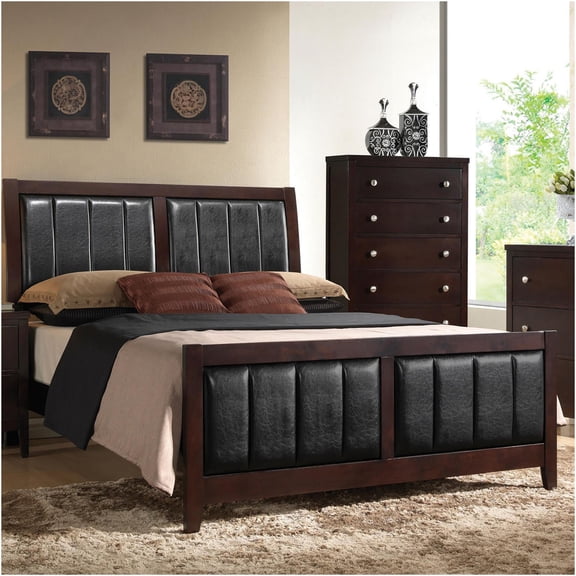 JERFIT Modern Queen Size Bed with Upholstered Headboard, Cappuccino Brown Faux Leather Panel Bed Frame for Bedroom