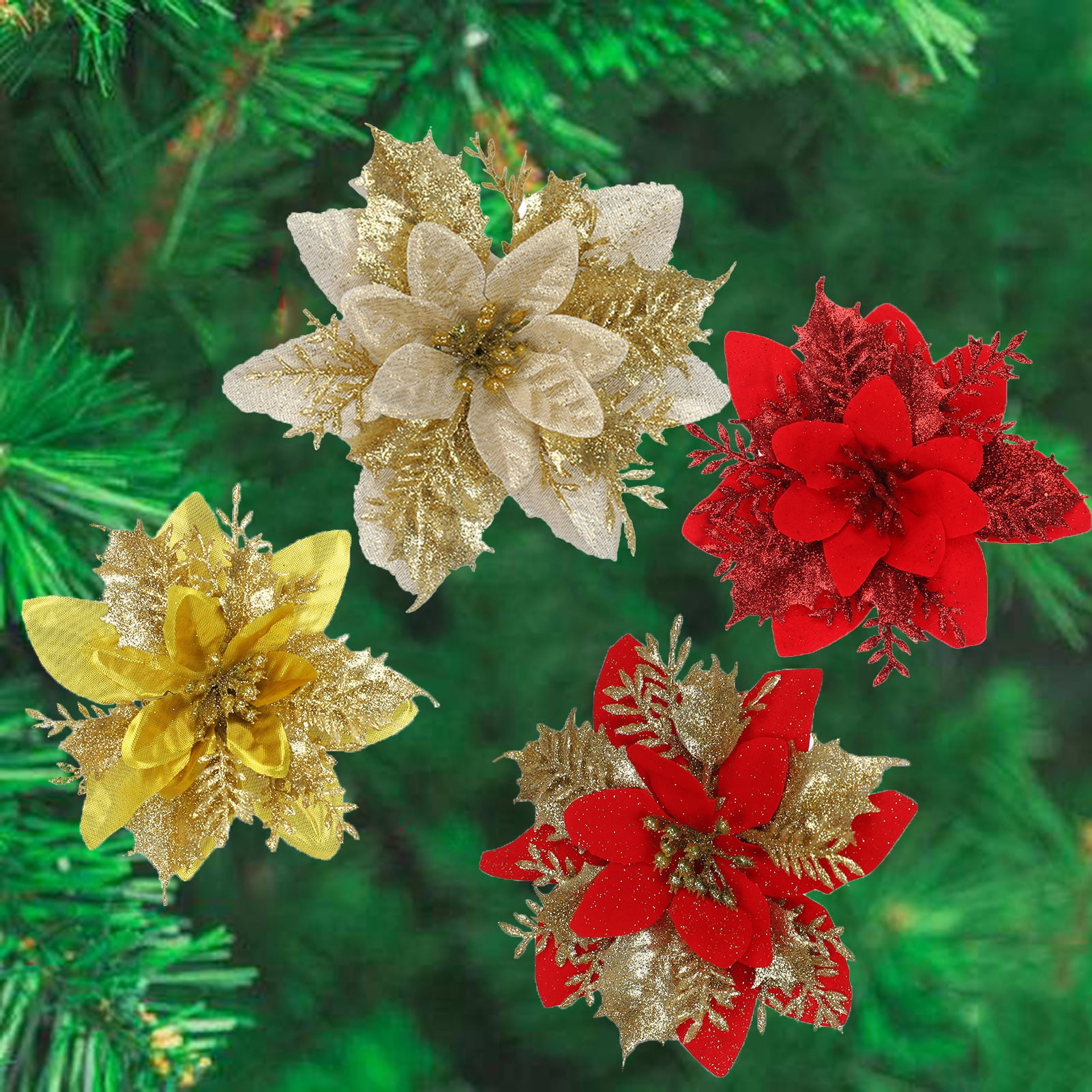 Cheer US 12Packs Christmas Glitter Poinsettia Flowers Artificial Flower
