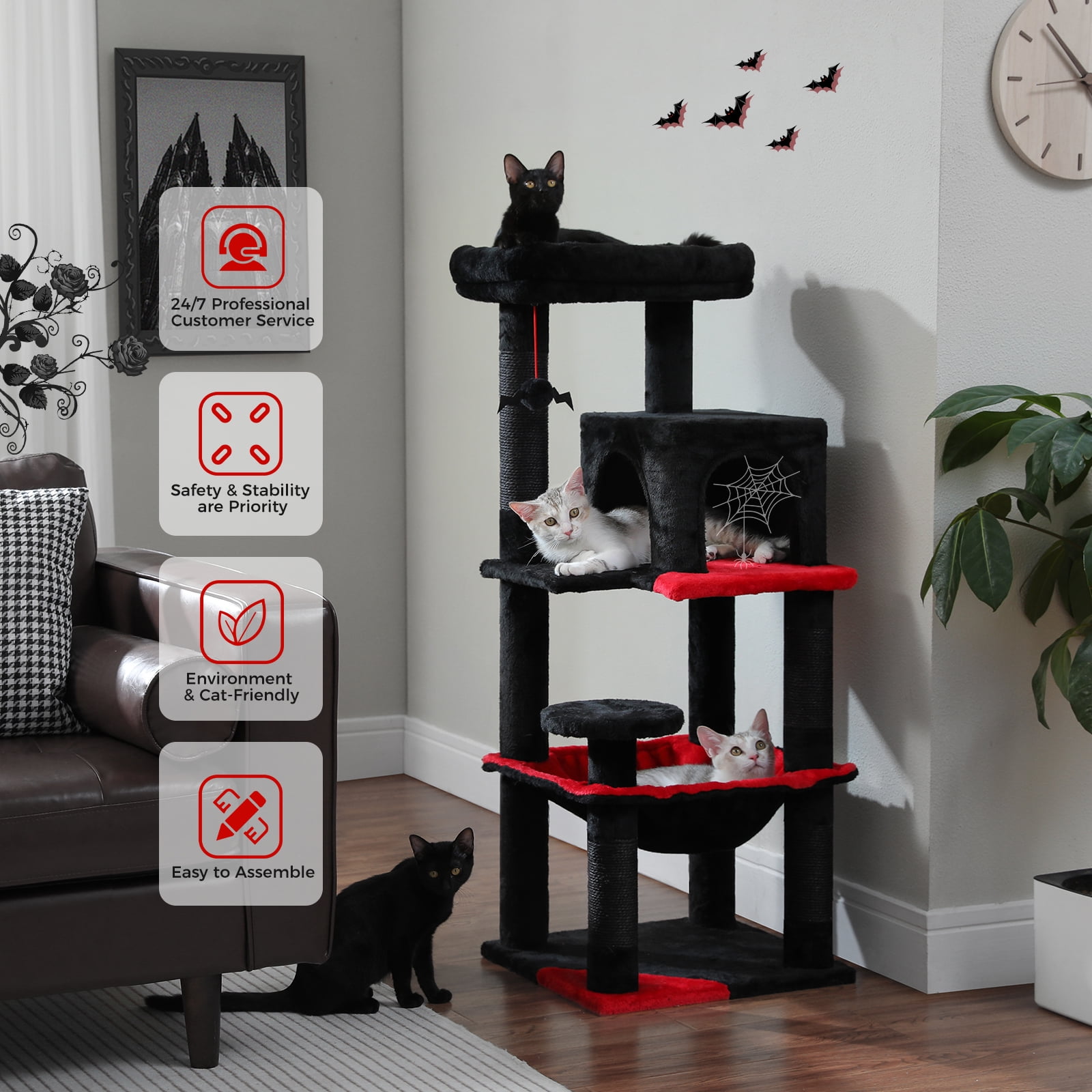 Pefilos 45" Cat Tree Tower for Indoor Cats, 5-Level Cat Condo for Large Cats with Large Hammock, Big Top Perch and 4 Sisal Covered Scratching Pos, Black