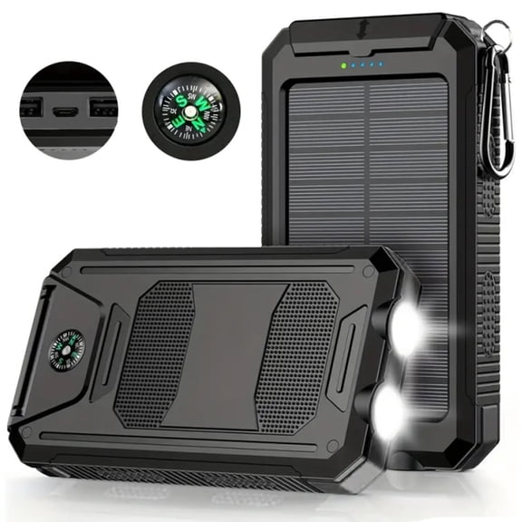 Hotpom Solar Charger Power Bank, 30000mAh Portable Wireless Charger, USB C Port Built-in Led Flashlight and Compass for Outdoor Camping Hiking for iPhone,Samsung. Black