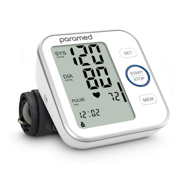 Tensiómetro Paramed - Aparato de presión arterial - Brazalete automático para la parte superior del brazo de 8,7 a 16,5 pulgadas - Pantalla LCD grande, memoria para 120 lecturas - Incluye bolsa y pila