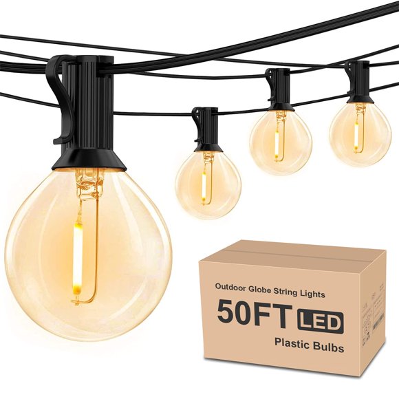 RTTY Cadena de luces para exteriores G40 de 50 pies, luces LED para patio con 26 bombillas, impermeables, inastillables, regulables, colgantes, conectables, luces exteriores para cafetería, bistró, pa