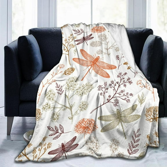 Dragonfly Wild Flowers Autumn Plant Blanket, Soft Blankets Flannel Bed Throw Cozy Lightweight Plush Gifts for Women Girls Sofa Couch Bedroom Living Room Warm All Season, Home Decor, Small 50"x40"