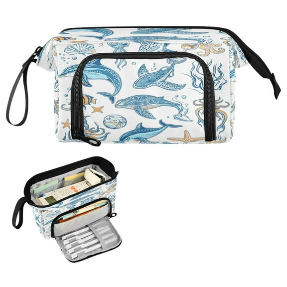 Nylon Fish Mouth Pencil Case with Large Capacity Zipper Pencil Pouch Ocean-themed Pattern Pencil Bag Organizers